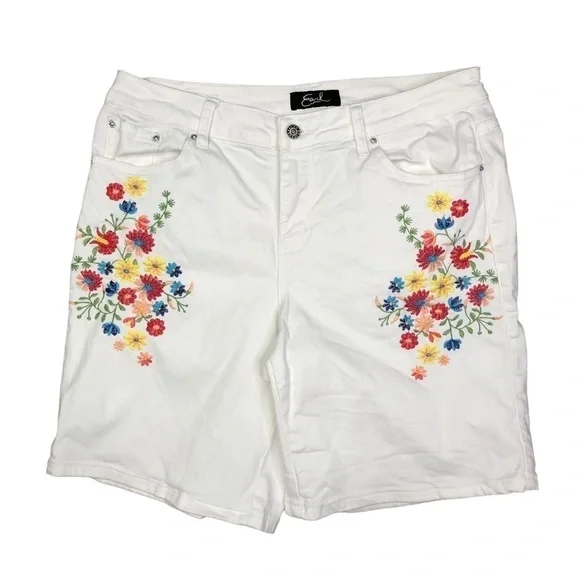 Earl Jeans white denim shorts stretch floral embroidery 12